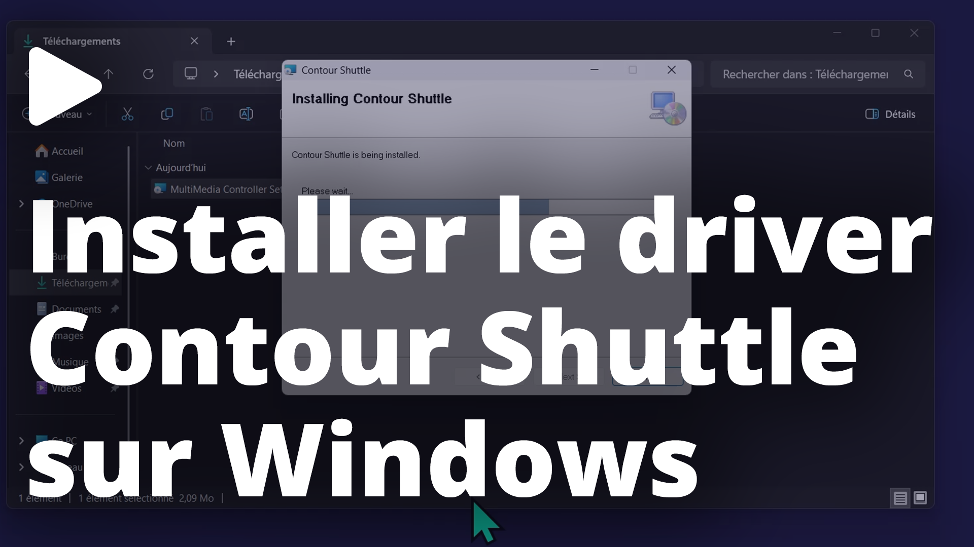 Installer le driver Contour Shuttle sur Windows L'objectif de cette vidéo est d'installer le driver Contour Shuttle sur Windows. En préambule, vérifiez si le driver est déjà installé. Dans la barre des tâches, cherchez l'application Shuttle, ... dans l'onglet Applications. Aucun résultat n’est trouvé ? Commencez l'installation. Sinon, rendez-vous directement dans la seconde partie de cette vidéo ! Installer le driver Contour Shuttle. Rendez-vous sur le Help Center NINA : accédez à la page web help.nina.solutions, ... ouvrez la documentation NINA Dubbing. Dans la section ""Utiliser un contour Shuttle"", Cliquez sur l'icon de ""MultiMedia Controller Setup.msi"" pour télécharger l'installateur. Enregistrez le dans votre dossier Téléchargements. Dans votre dossier Téléchargements, lancez le programme d'installation. Valider les éventuelles étapes de sécurité Windows. Cliquez sur suivant, Acceptez les conditions générales d'utilisation. Une fois l'installation terminée, fermez le programme d'installation et redémarrez votre ordinateur. Après le redémarrage, une nouvelle icône Shuttle s'affiche dans la barre des tâches. Vous êtes maintenant prêt pour configurer votre Shuttle. C'est l'objet de notre prochaine vidéo.