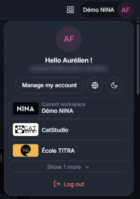 Menu du compte utilisateur (adresse e-mail masquée).