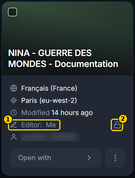 Carte d'un projet dont vous êtes l'éditeur : ligne Editor: Me (1) et cadenas Release editing (2), au survol (nom masqué).