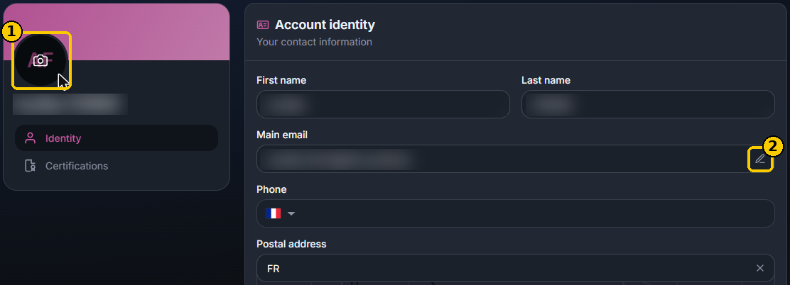 NINA Account, onglet Professional profile (données masquées).
